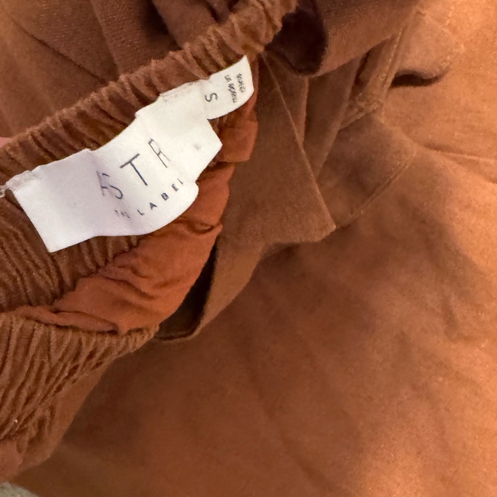 ASTR The Label Ruffle Bodice Tie Back Strapless Cotton Linen Jumpsuit Brown S - Picture 11 of 13